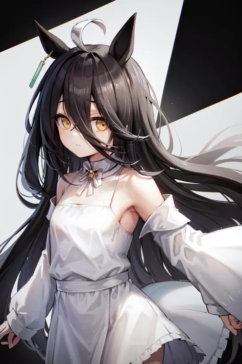 anime girl with long black hair and cat ears standing in front of a white background