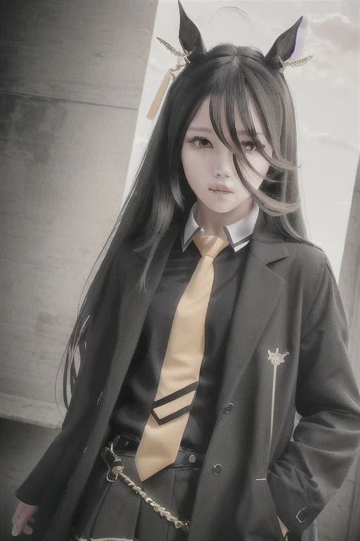 anime girl with long black hair wearing a black coat and yellow tie