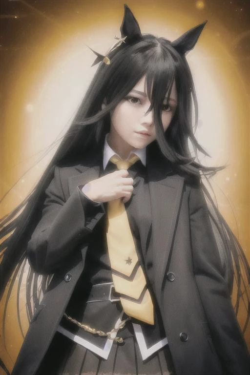 anime girl with long black hair wearing a yellow tie and a black jacket