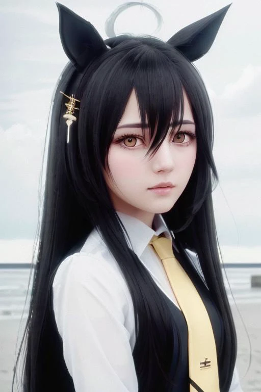 anime girl with long black hair wearing a yellow tie and a white shirt