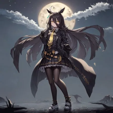 a woman in a black dress and a black coat standing in front of a full moon