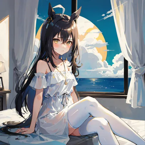 anime girl sitting on a bed with a cat ears on her head