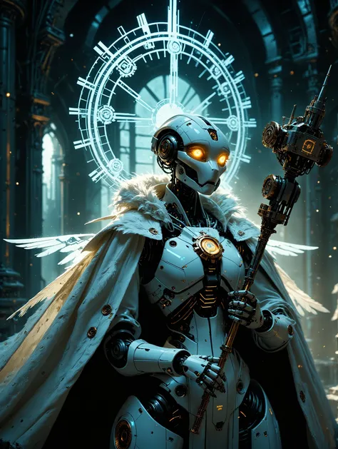 score_9,score_8_up,score_7_up,beast_quality,masterpiece,hard shadows,low light,depth of field,cowboy shot,god rays,dustparticles,large gears behind,
solo,robot female,inside a mechanical futuristic castle,glowing eyes,<lora:vivid_everclear:0.5>,wired,winge...