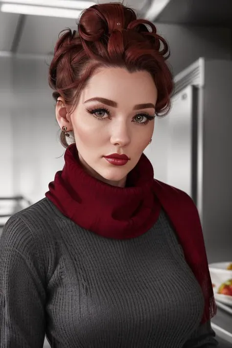 photo of a woman, <lora:danielleriley-10:0.6>, danielleriley, ((turtleneck sweater, scarf):1.2)((pale skin)), ((hair up, fancy updo, hair in bun, dark red hair):1.2), ((closeup, portrait)),((standing, commercial kitchen):1.2), ((best quality, masterpiece, ...