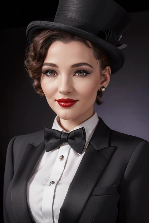 photo of a woman, <lora:danielleriley-10:0.6>, danielleriley,((wearing a tuxedo jacket, shirt, bowtie, top hat, short hair):1.1), ((closeup, portrait)),((on stage, spotlights):1.2), ((red lipstick, makeup)), (smile), ((best quality, masterpiece, extreme de...