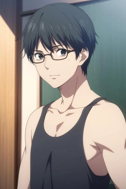 masterpiece, best quality, high quality, 1boy, solo, male focus, looking at viewer, upper body, <lora:takezou_kurata:0.60>, takezou_kurata, black hair, black eyes, glasses, , tank top