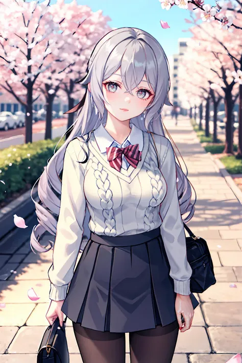 anime girl with long gray hair and a bow tie walking down a sidewalk