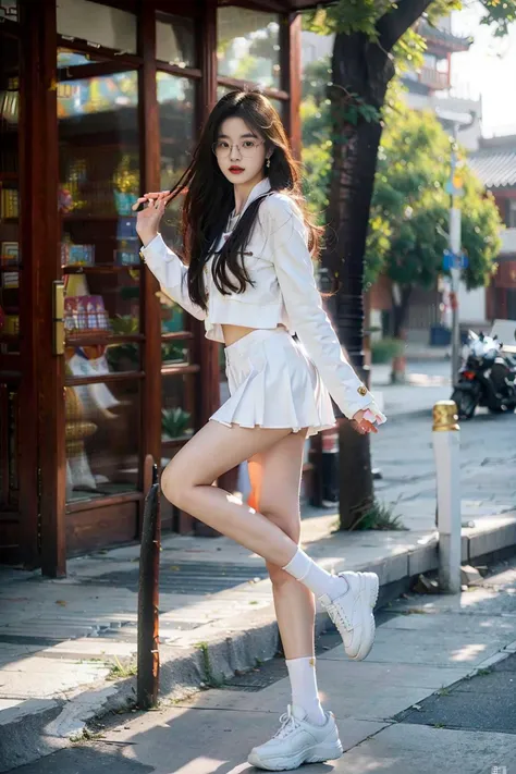 1girl, Chinese, long hair, wearing school uniform, white skater shoes, glasses, earrings, university library. full body, 8k, HDR, photorealistic, realistic, slim legs, masterpiece, best quality, overall_view, looking at viewer,