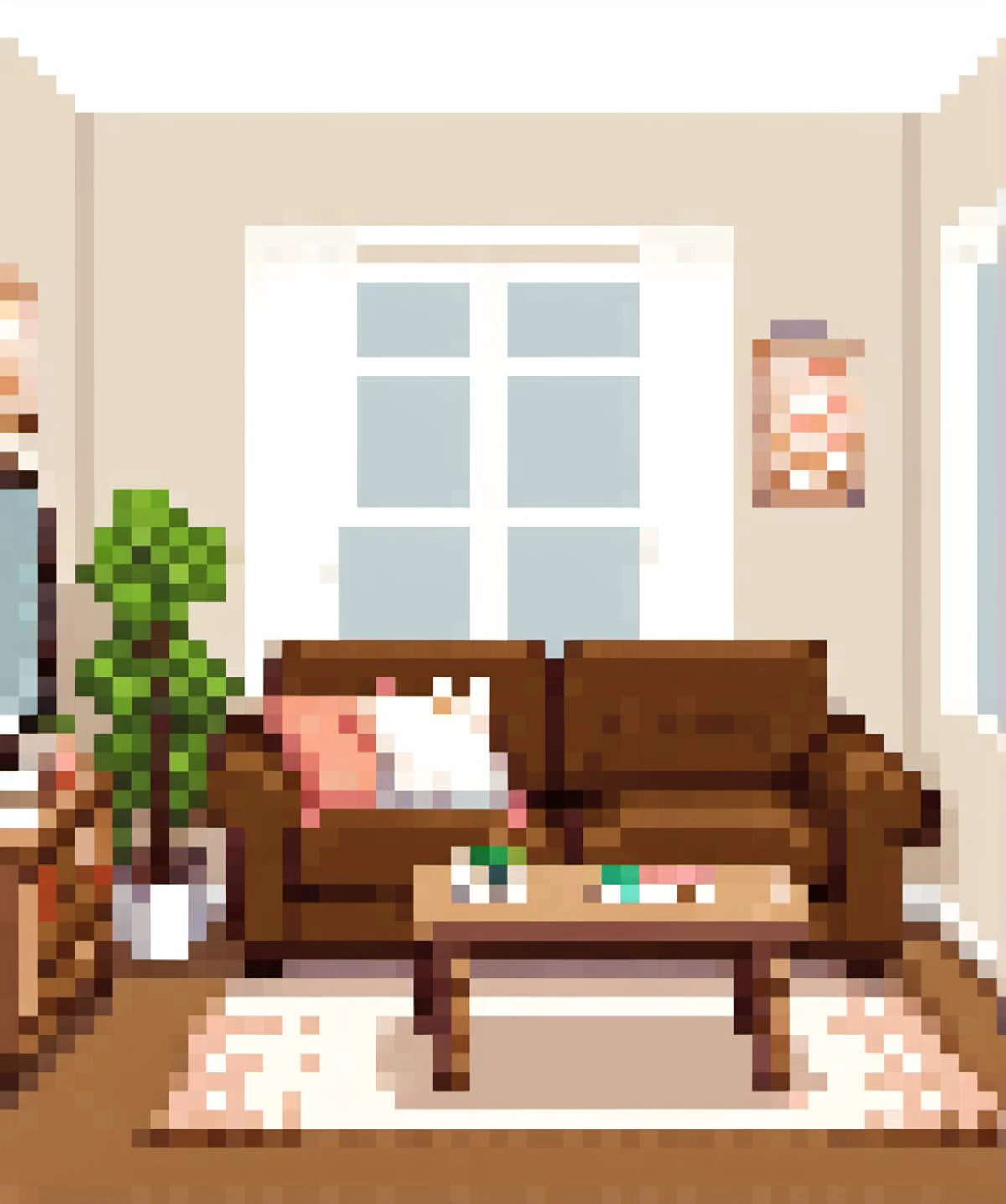 , <lora:PixelArtRedmond-Lite64:1> Pixel Art, PixArFK,      girlish living room, small room, Two-person sofa, plan of a house, brown  sofa, white wall,