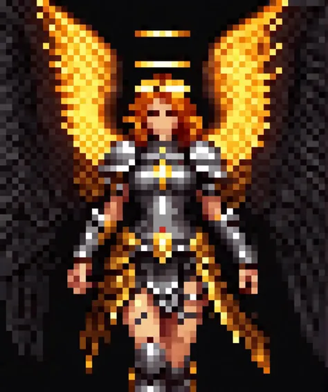 , <lora:PixelArtRedmond-Lite64:1> Pixel Art, PixArFK,      epic female warrior on fire ablaze in black and gold armor with angel wings, horror christian cathedral, nighttime, dungeons and dragons,