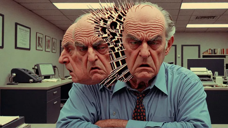 there are two men with hair on their heads in an office