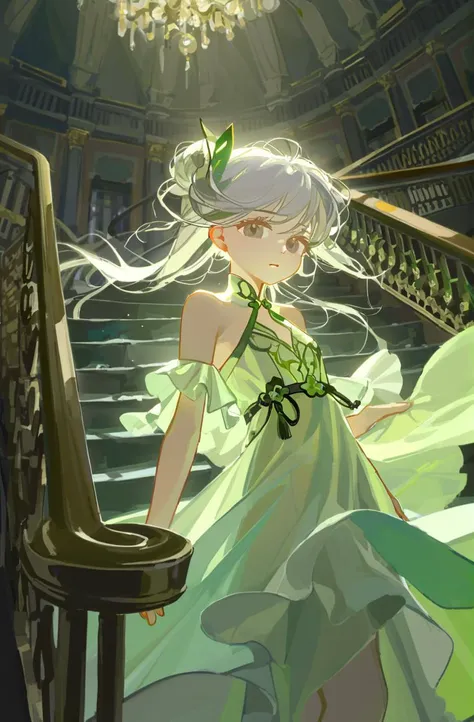 anime girl in a green dress walking up a flight of stairs