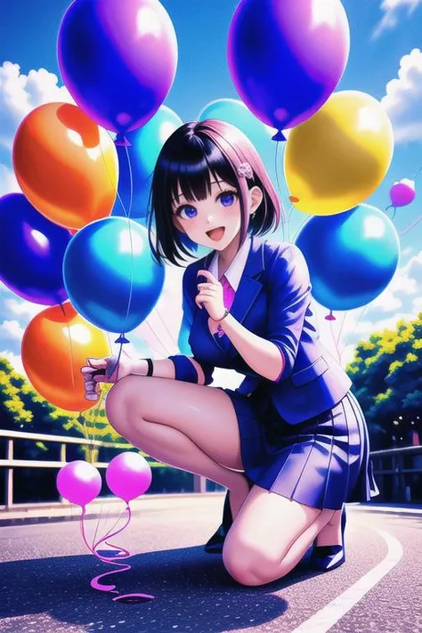 masterpiece,best quality,(kawaii cute 1girl giving balloon to viewer, one knee:1.3),(luminous neon colorful balloons:1.35),(extend right arm to viewer:1.4),(big balloon:1.4) in right hand,bluesky,sun lighting,outdoor,trees,cumulonimbus,business suit,open m...