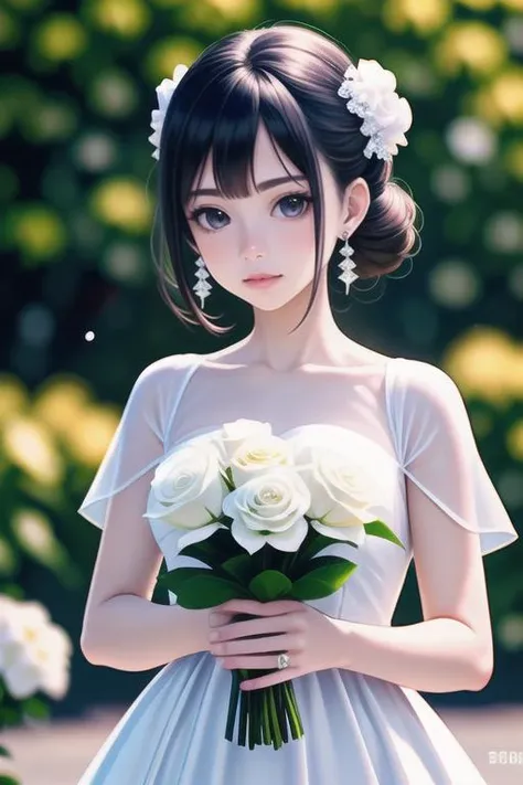 8k, RAW photo, best quality,  (((realistic))), 1girl, black hair, hair bun, jewelry, earrings, white flower, bouquet, white dress, wedding dress, holding, looking at viewer, blurry  <lora:LCM_LoRA_Weights_SD15:1>