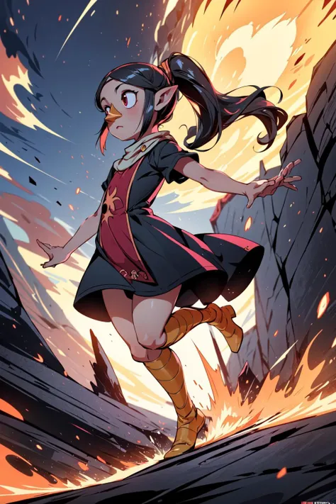 a cartoon girl in a dress and boots running through a fire