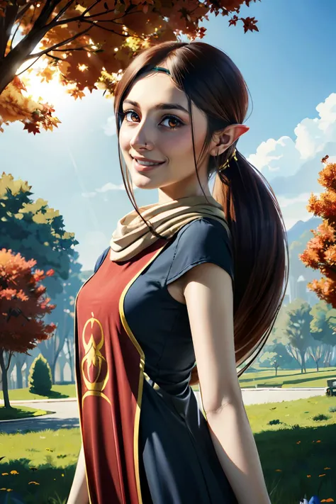 medli, furry, bird beak, long brown hair,  dress, red colored iris, looking at viewer, smiling, happy, standing, 
outside, park, trees, changing season, summer to fall, overcast, extreme detail,hdr, realistic quality, <lora:medli_v1-10:.8>