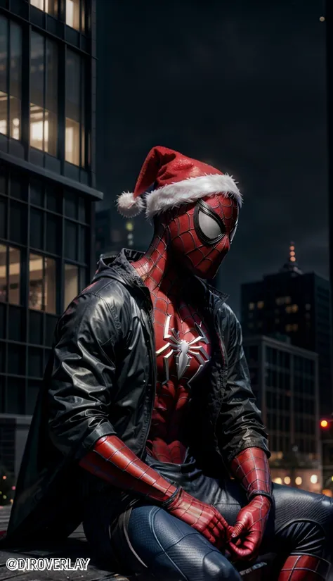 spider - man in a santa hat sitting on a ledge