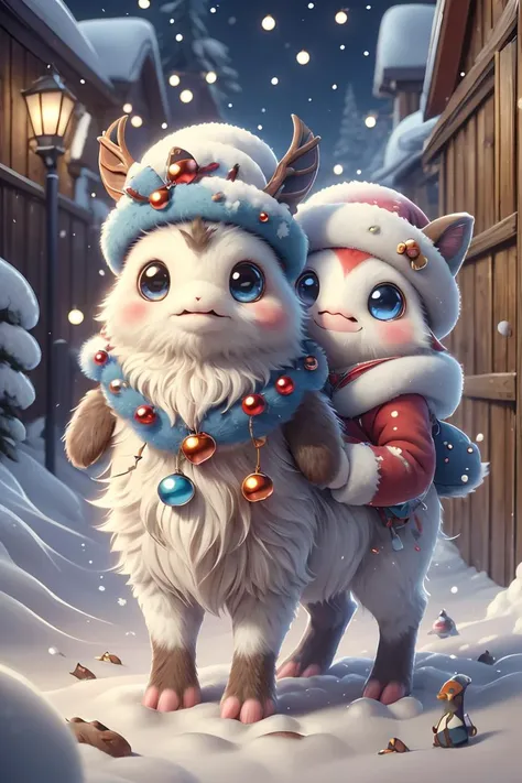 masterpiece, best quality, original, official art,ral-chrcrts, a cute couple of animals that are standing in the snow,  <lora:ral-chrcrts-sd15:0.8>