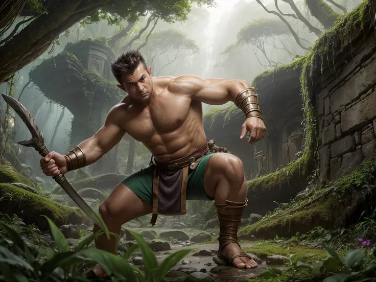 Action scene, dynamic pose, firm stance, combat stance, 
Focus on (Wizard, Master, Short, Chubby, Round Face, Tan Skin, Chestnut Hair, Gray Eyes, Narrow Nose, Pouty Lips, Receding Chin, Chinstrap, Medium, Faux Hawk, An ancient, mystical ruin, hidden deep i...