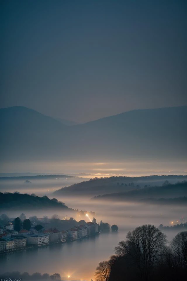 photograph of a foggy valley at night with a town in the distance