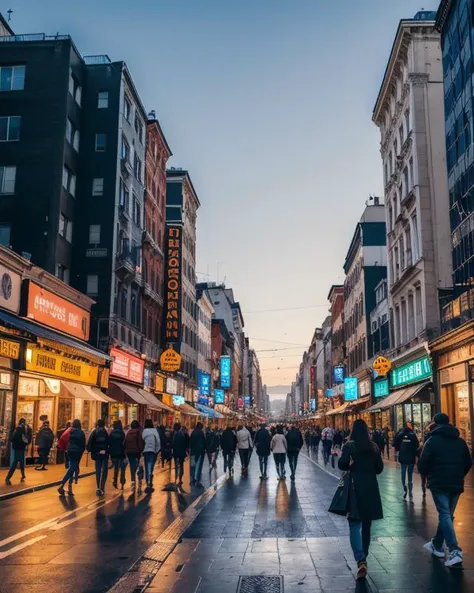 A photograph of a busy city street at night, capturing the bustling atmosphere, intricate city lights, and the vibrant energy of urban life.