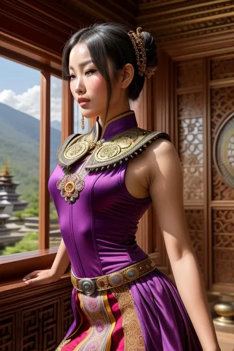 Bhutanese (Bhutan) masterpiece, off center infinite kaleidoscopic effect, Purple Spandex qipao, perfect face, with an intricate french palace background including the garden, 1girl, masterpiece, perfect face, steampunk miniskirt , ((really intricate steamp...