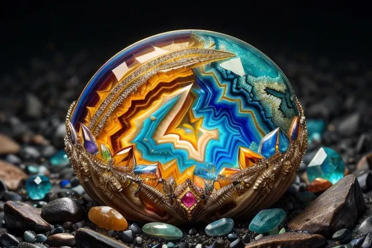 art by Karol Bak   a profesional photo of gem stone, focus on details and material  Agate: A gemstone with banded patterns and a wide range of colors, often used in ornamental pieces.     close up, macro photography  on balck velwet background,8k, ultrasha...