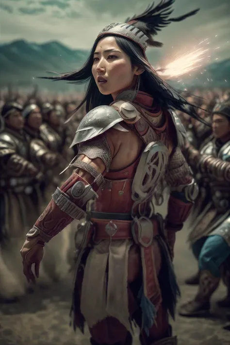 a woman in armor standing in front of a large group of people