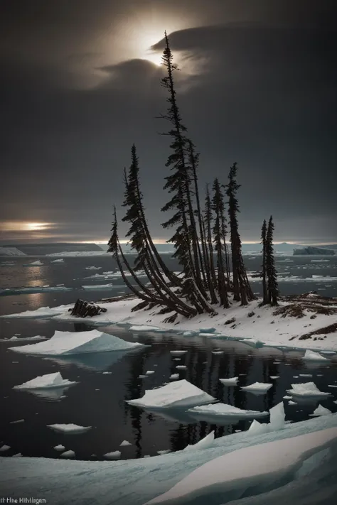 [ (stylized by Winslow Homer:0.9) and Brent Heighton:17], Cinematic still, landscape of a (The Arctic Ocean:1.2) , Floating, lush roots, Smoky Conditions, Overdetailed art, Lonely, Darkpunk, cityscape