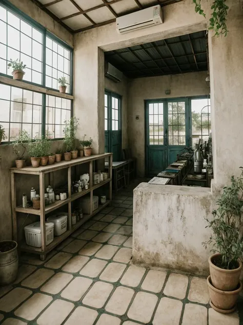 there is a room with a lot of potted plants and a window