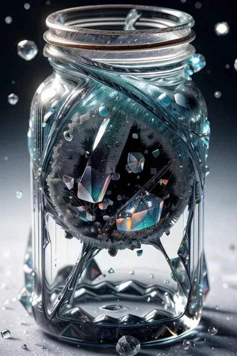 art by Yoshitaka Amano  a profesional photo of gem stone, focus on details and material  Moonstone, A cluster of crystals with a frost-like appearance, glistening like a winter wonderland,  inside (( Glass jar ))  close up, macro photography  on balck velw...