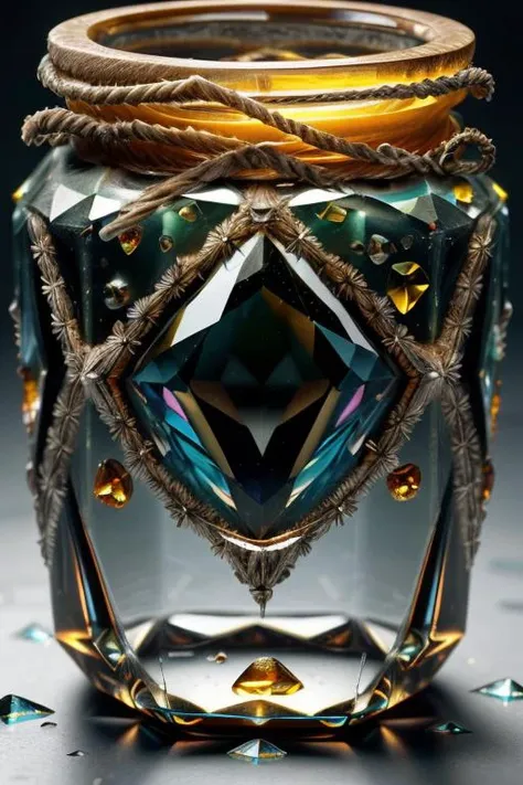 art by Camille Walal   a profesional photo of gem stone, focus on details and material  Citrine, A crystalized formation with sharp edges and intricate geometric patterns,  inside (( Glass jar ))  close up, macro photography  on balck velwet background,8k,...