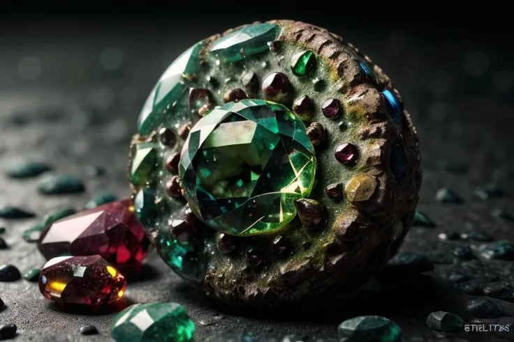 art by Brian Stelfreeze  a profesional photo of gem stone, focus on details and material  Garnet: A gemstone with a range of colors, from red to green, known for its brilliance.     close up, macro photography  on balck velwet background,8k, ultrasharp, ul...