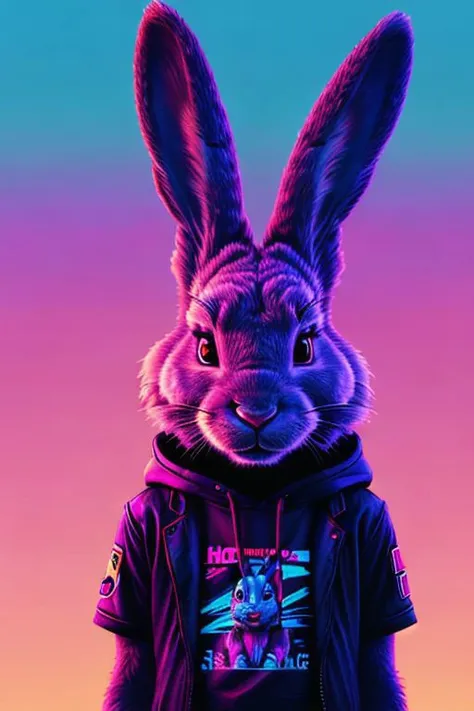 a rabbit wearing a hoodie standing in front of a colorful background