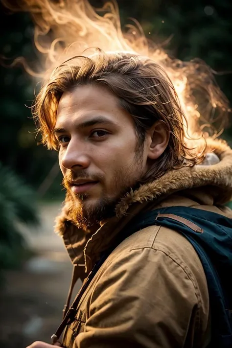 a close up of a man with a backpack and a jacket