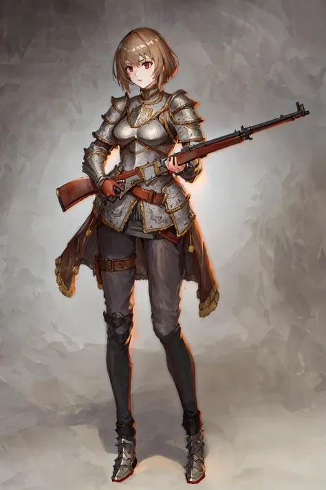 full body, woman, beautiful, masterpiece, best quality, steel armor,  leveraction, antique firearm, holding weapon, trigger discipline  <lora:leveractionrifle-AOM2:0.55>