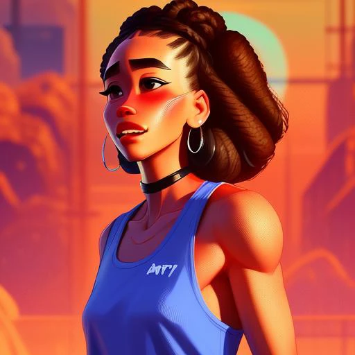 digital art full body portrait of a resilient, wiry, Stupid client woman, Refined, grimace, with auburn braids wearing tank top , digital art, trending on artstation, highly detailed, fine detail, intricate, outrun, vaporware