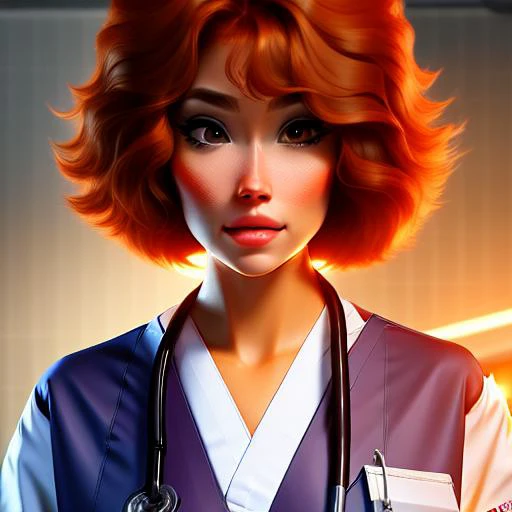 full body portrait of a hard, slight, Proud patient woman, Precious, crazy, with short auburn hair wearing scrubs , digital art, trending on artstation, highly detailed, fine detail, intricate, outrun, vaporware