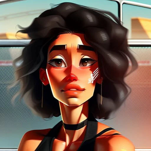 fresco full body portrait of a athletic, slight, Depressed bus driver woman, Grandiose, furled brow, with long curly black hair wearing halter top , digital art, trending on artstation, highly detailed, fine detail, intricate, outrun, vaporware