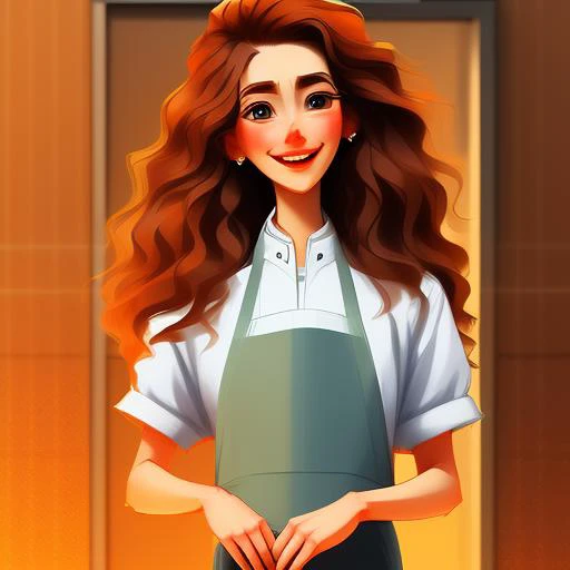 digital art full body portrait of a durable, lank, Bashful consumer woman, Stately, happy, with long wavy auburn hair wearing apron , digital art, trending on artstation, highly detailed, fine detail, intricate, outrun, vaporware