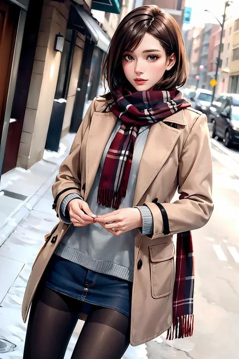 arafed woman in a trench coat and scarf standing on a city street