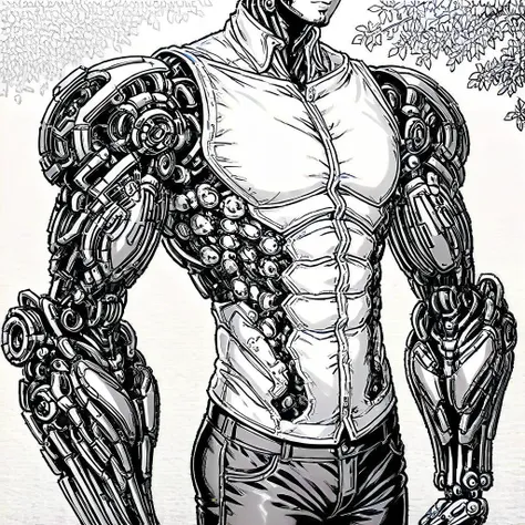 a close up of a drawing of a man with a robot arm