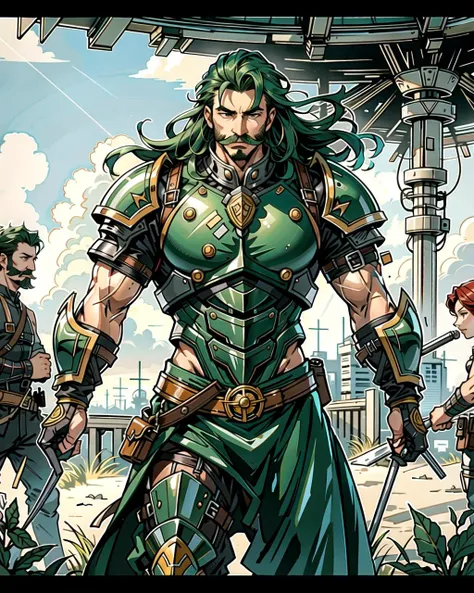 a close up of a comic book cover with a man in armor