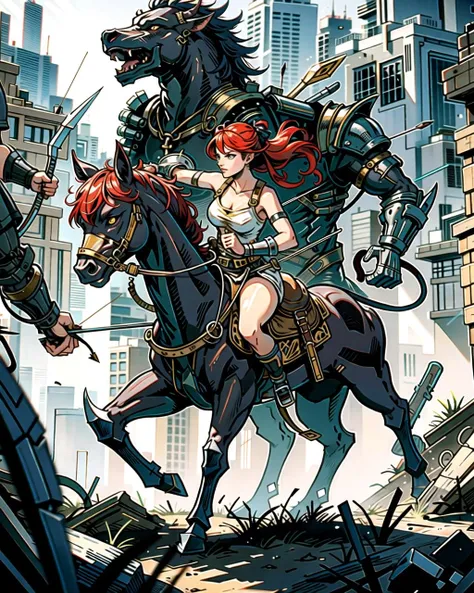 ((masterpiece), best quality, high quality, professional quality, highly detailed, highres, perfect lighting, natural lighting), female centaur, charging, bow and arrow drawn, in battle against monsters