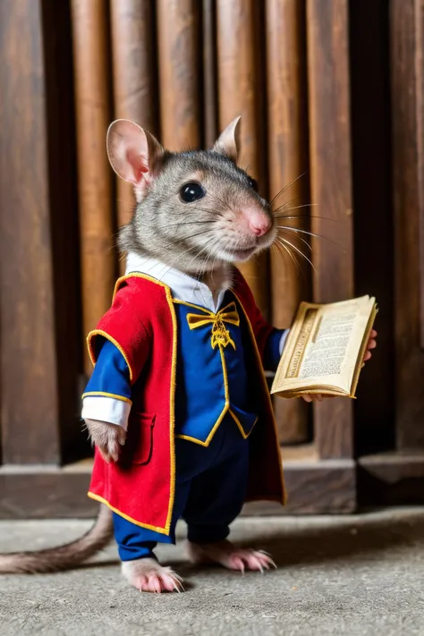 a close up of a mouse dressed in a costume holding a book