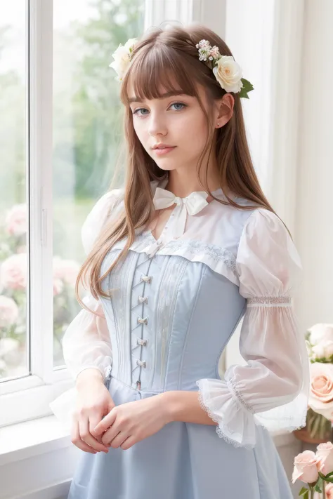 Sweden girl with blunt bangs,detailed face,light brown hair, flowers, spring, beside window, rose, very long hair, frilled sleeves, corset, clear sky, daylight, sunny, white and light blue dress,white lace-trimmed legwear