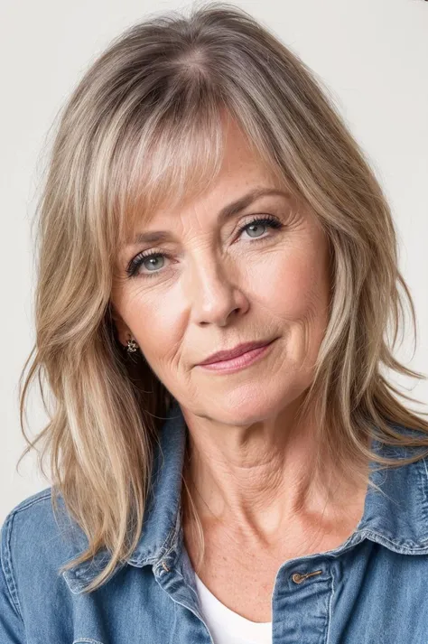 a close up of a woman with a blue shirt and a denim jacket