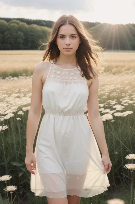 (photo of a young woman with transparent summer dress) in dandelion field, (natural lighting:1.3), shot at eye level, on a Fujifilm X-T4 with a 50mm lens, in the style of Alfred Stieglitz