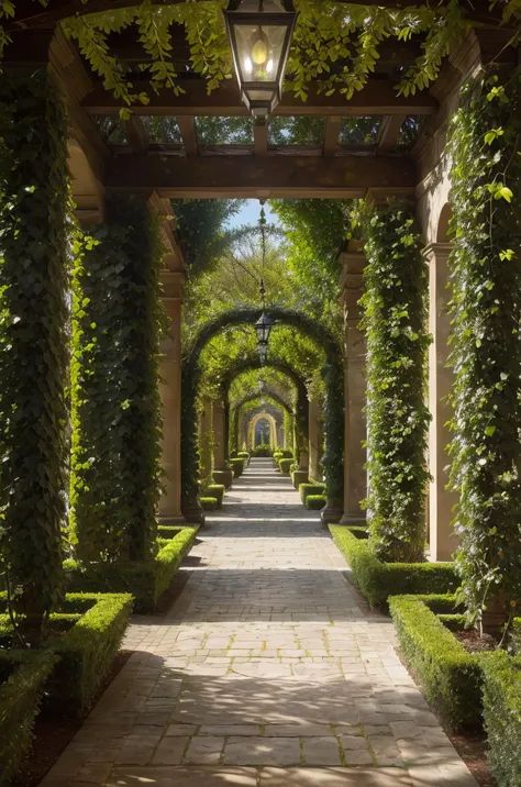 (masterpiece, best quality, highly detailed, intricate), a walkway in a garden with lots of green plants and trees on either side of it and a lantern hanging from the ceiling, Florence Engelbach, tone mapping, a flemish Baroque, german romanticism, cinemat...