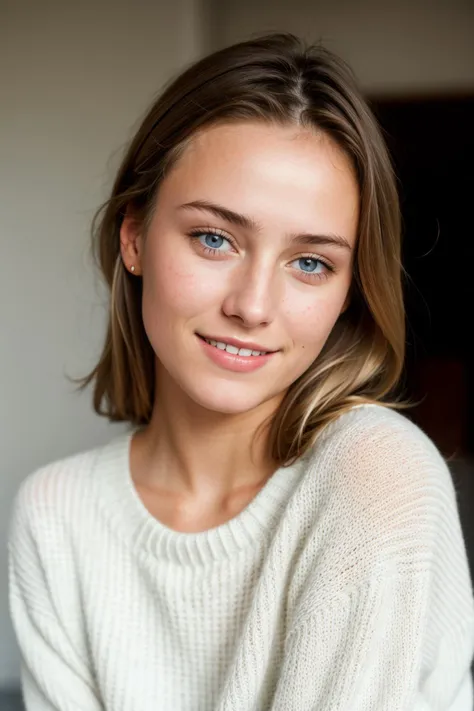 a close up of a woman with a sweater on posing for a picture